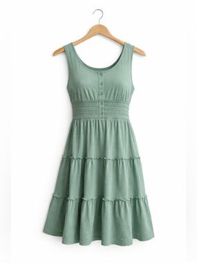 Sleeveless Smocked Tiered Dress - Sage Green